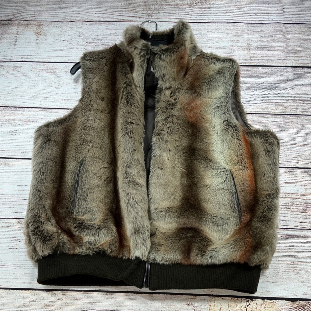 Coldwater Creek Faux Fur Vest Y2K Boho Oversized 1X Brown Multi Preloved